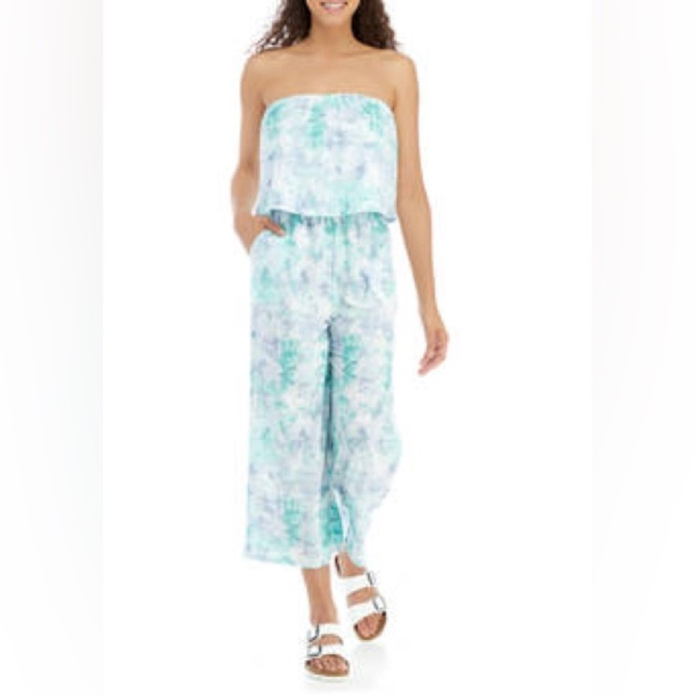 BeBop Strapless Tie-Dye Jumpsuit in Aqua & White
